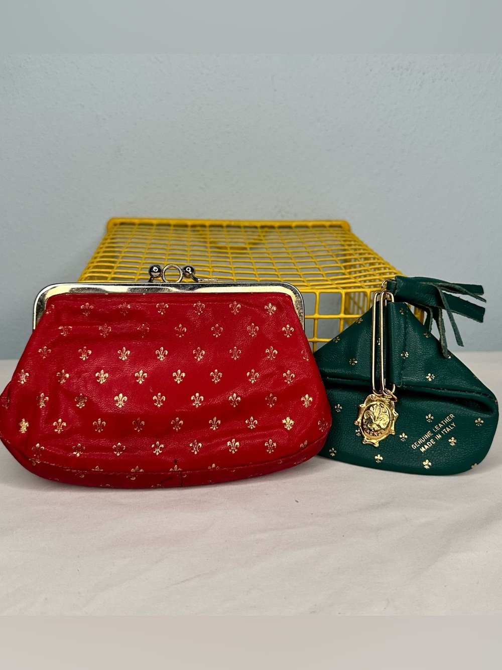 Vintage Italian Florentine Red & Green Leather Change Purse Set
